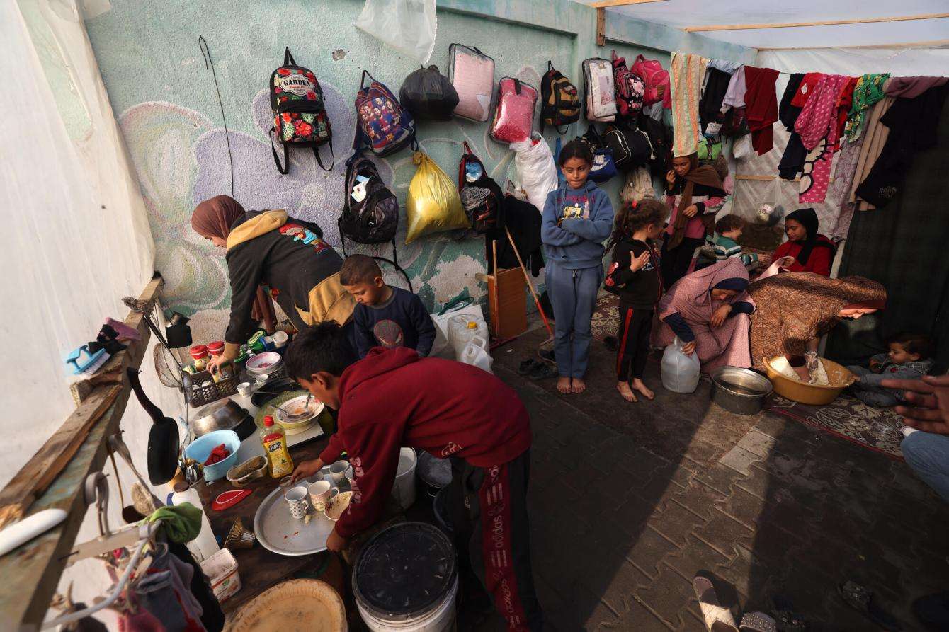 Displaced Palestinian children in a tent in Rafah, southern Gaza.