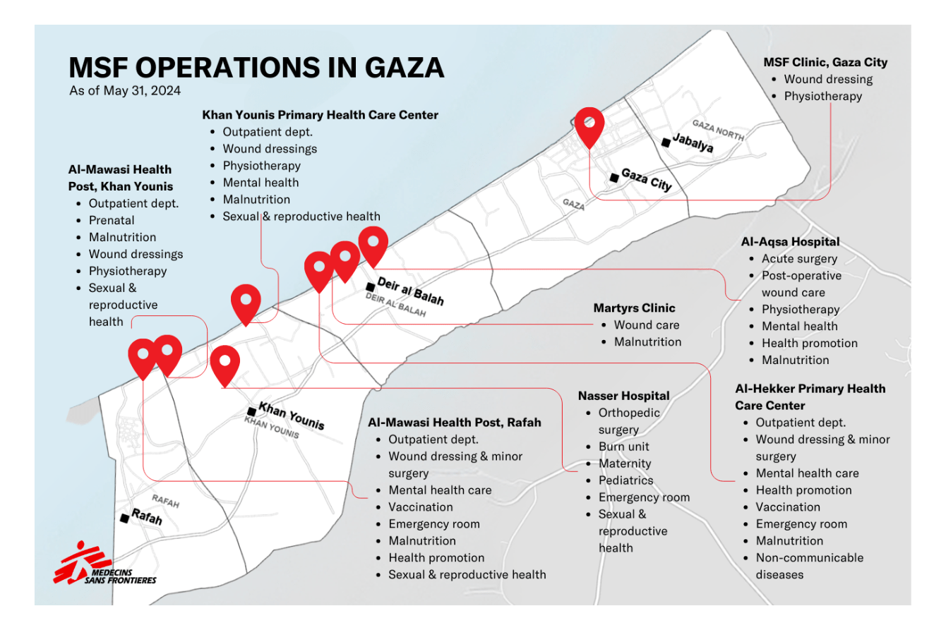 Map of MSF operations in Gaza, Palestine.